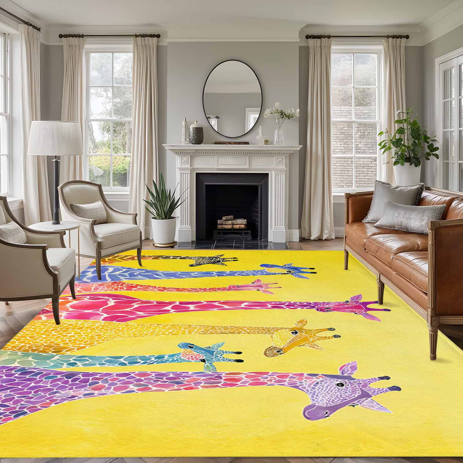 8x10 Area Rugs for Living Room, Colorful Giraffe Non Slip Area Rugs for Kitchen Bedroom Entryway, Watercolor Cute Cartoon Yellow Washable Carpet Runner Rug Floor Mats for Bedroom Home Decor