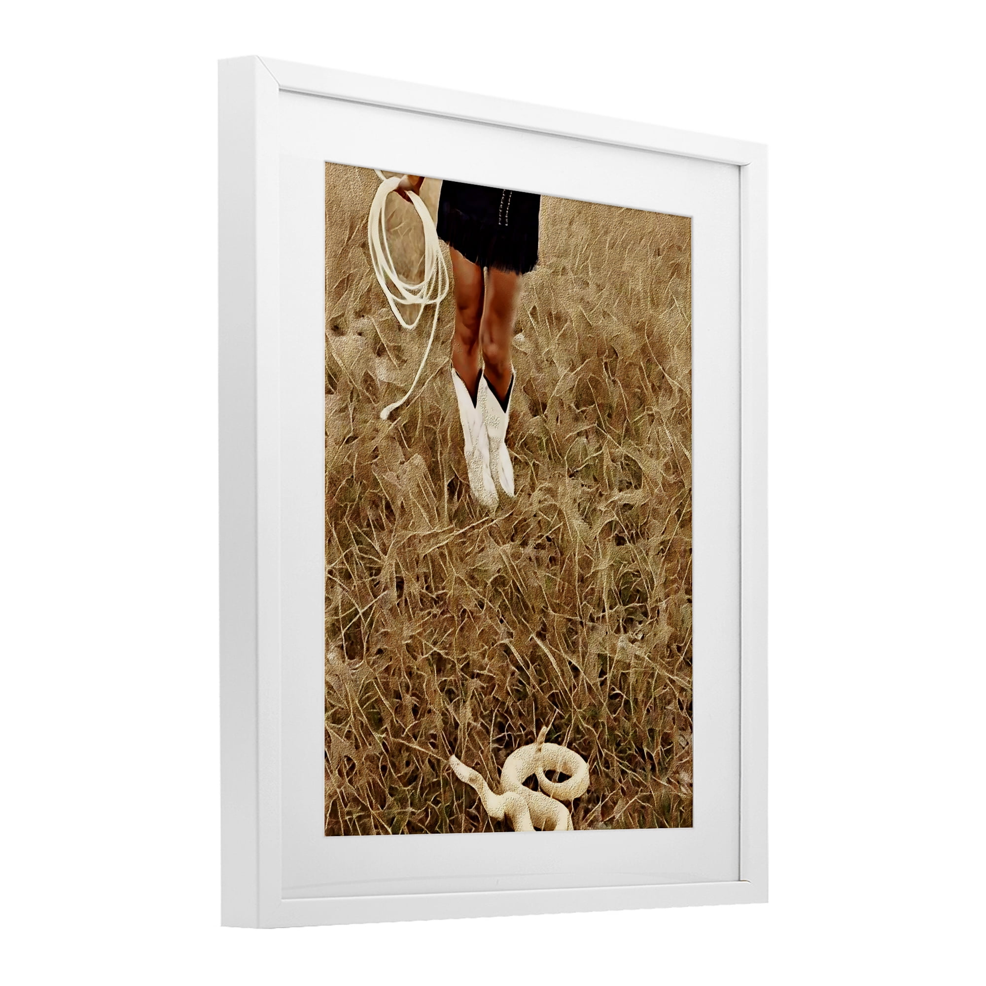 With Her Lasso & Snake White Framed Print Under Glass, design by Jesse Keith