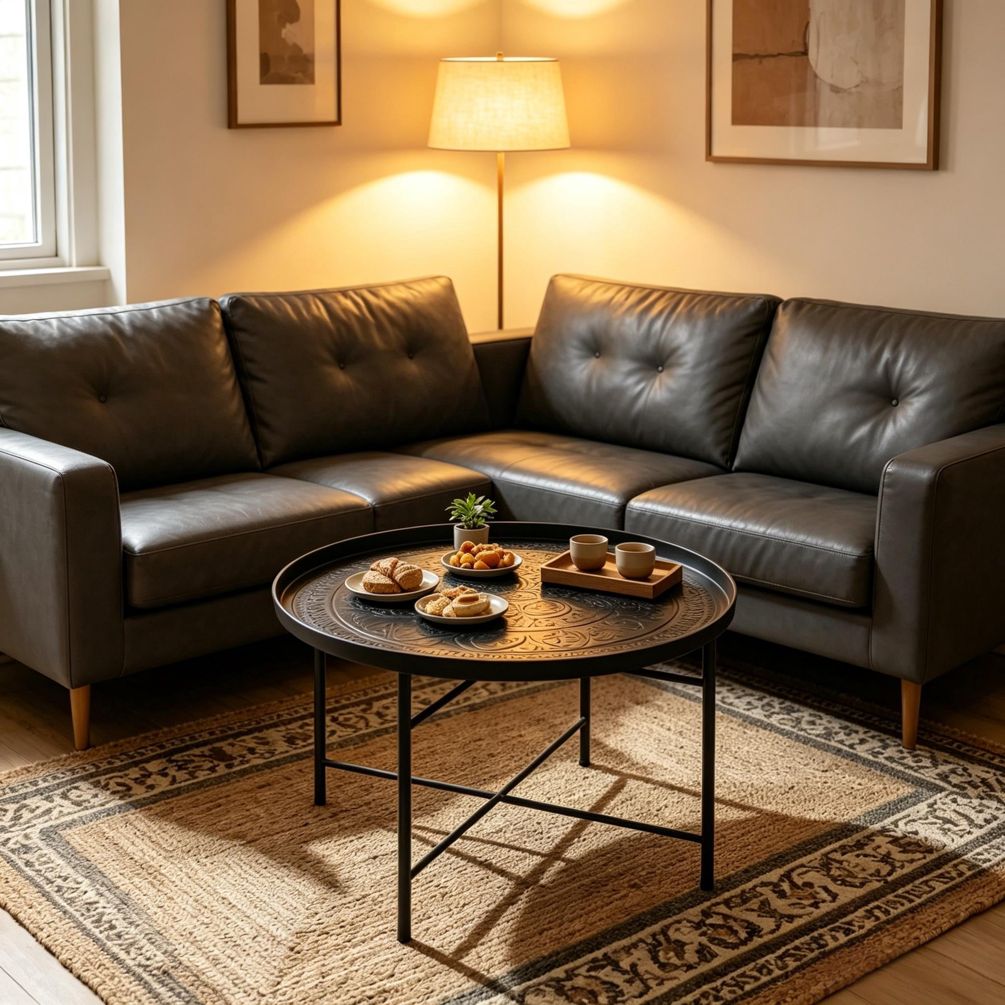 Hand Hammered Floral Round Metal Coffee Table Dia.24", Brushed Finish Tray Top Side Tea Table with Adjustable Foot Pads for Living Room Bedroom