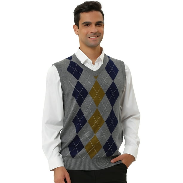INSPIRE CHIC Suéter de chaleco de argyle informal para hombre, cuello en V, ajuste delgado, sin mangas, suéter de punto gris L