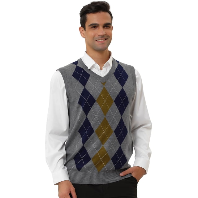 INSPIRE CHIC Suéter de chaleco de argyle informal para hombre, cuello en V, ajuste delgado, sin mangas, suéter de punto gris L