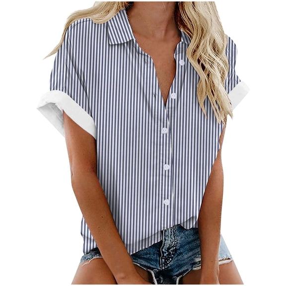 yillto Women's Plus Size Top Short Sleeve Button down Striped Blouse Shirts Summer V Neck Blouse