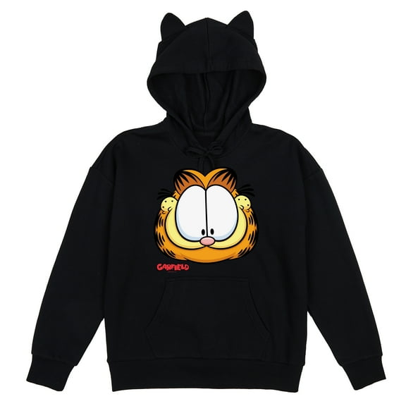 Garfield Smiling Face Women's Black Long Sleeve Hooded Sweatshirt With 3D Ears-Medium