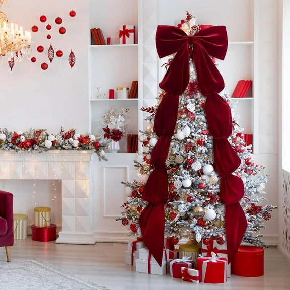 Dpityserensio Bows Xmas Extra Large Velvet Christmas Tree Topper Bow 118 X 28 Inch Red Bow With Long Streamers Oversized Wrapping Gifts For Holiday Xmas Tree Wedding Home Party D