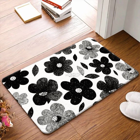 50*80cmBlack White Hand Sketch Floral Print Flannel Doormat, Non-Slip Mat, Minimalist Ink Art Front Entry Floor Rug
