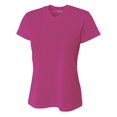 thumbnail image 3 of A4 Womens Atheltic Performance Ultra Soft Short Sleeve V-Neck Birds Eye Mesh T-Shirt , FUCHSIA, Large, NW3254, 3 of 5