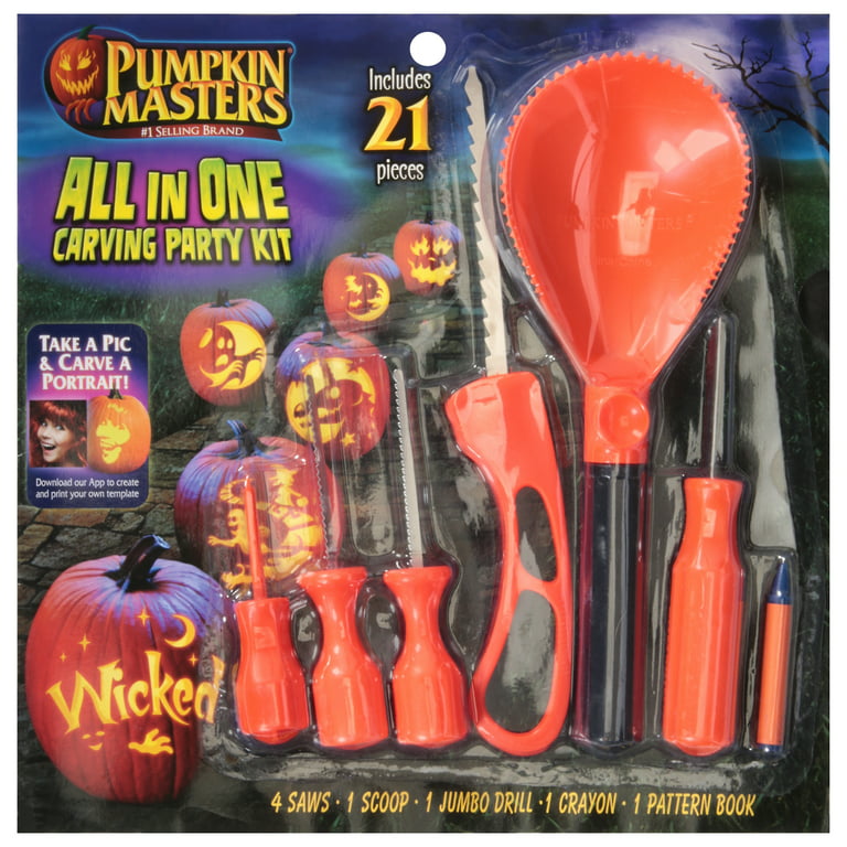 Pumpkin Masters Orange Plastic All in One Party Pumpkin Carving Kit, Halloween Carving Tools & Kits, Multiple Patterns & Skill Levels