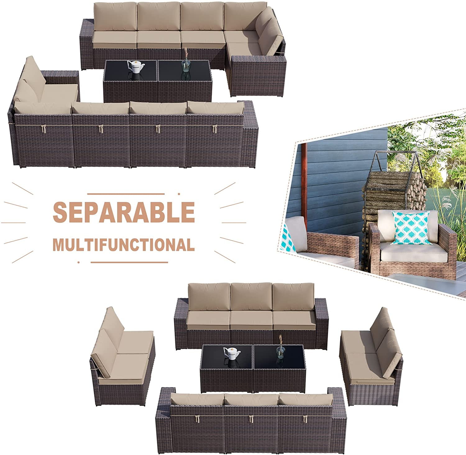 Gotland Outdoor Patio Furniture Sectional Conversation Set 12Pcs Rattan Wicker 10 Cushion Table Sand
