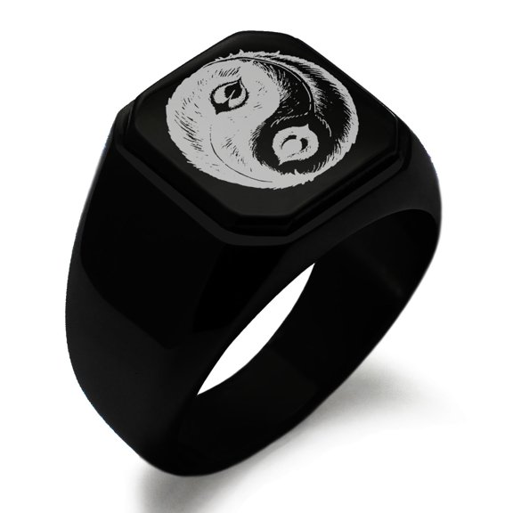 Stainless Steel Peacock Feather Yin Yang Engraved Square Flat Top Biker Style Polished Signet Ring