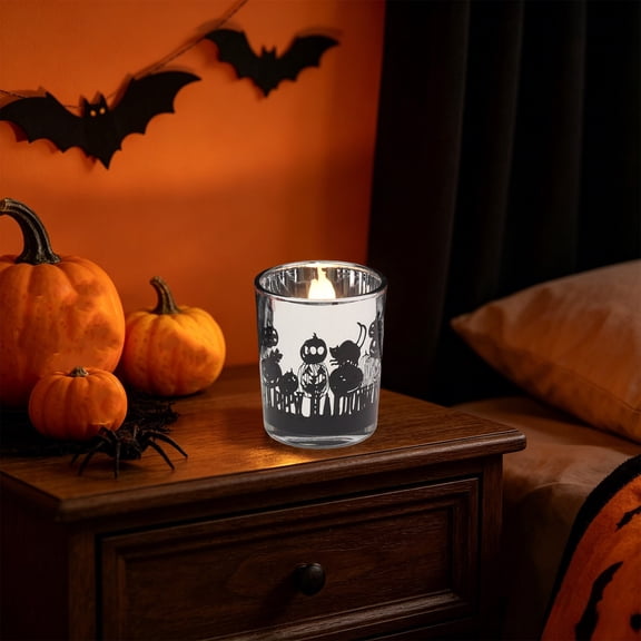 Halloween Silhouette Glass Candle Holder, Pumpkin Black Cat Boo Pattern Votive Cup, Spooky Tealight Wax Cup for Tabletop Mantel Fall Home Party Decor Silver