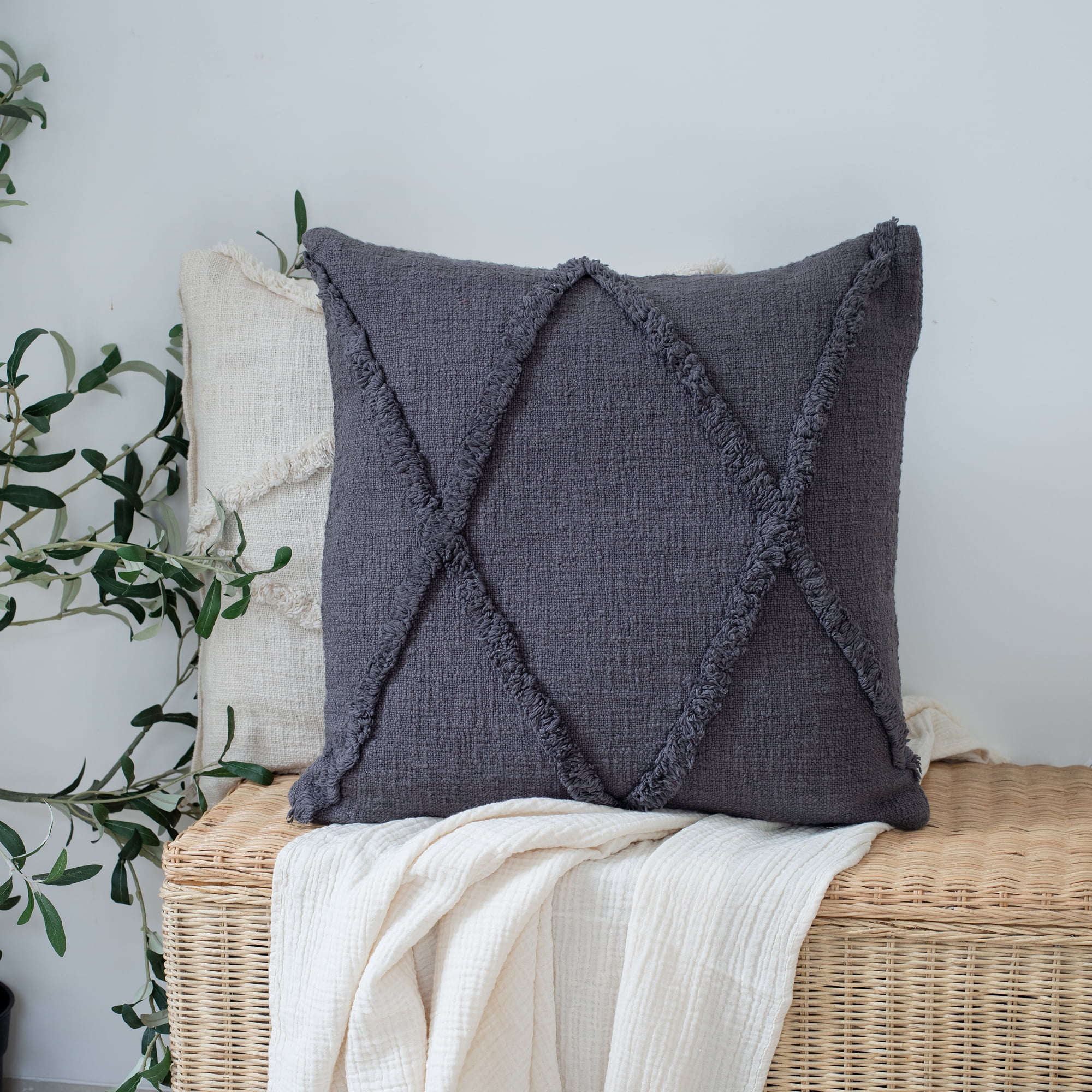 Ox Bay Sara 20" x 20" Dark Gray Shag Diamond Cotton Adult Decorative Throw Pillow