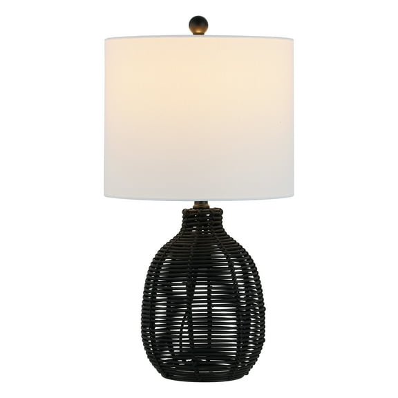 SAFAVIEH Oroya 23 in. Coastal Black Rattan Table Lamp with White Cotton Shade
