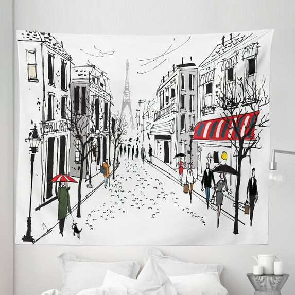 Black White Tapestry, Old French Pedestrians Stores Trees and the Silhouette of Eifffel Urban Illustration, Fabric Wall Hanging Decor for Bedroom Living Room Dorm, 5 Sizes, Multicolor, by Ambesonne