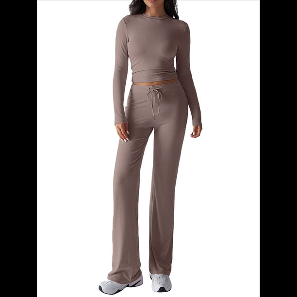 Conjuntos de 2 Piezas para Mujer, Larga, Cuello Redondo, Pantalones Acampanados de Cintura Alta, Conjuntos de Chándal, Ropa de Calle. Camello S