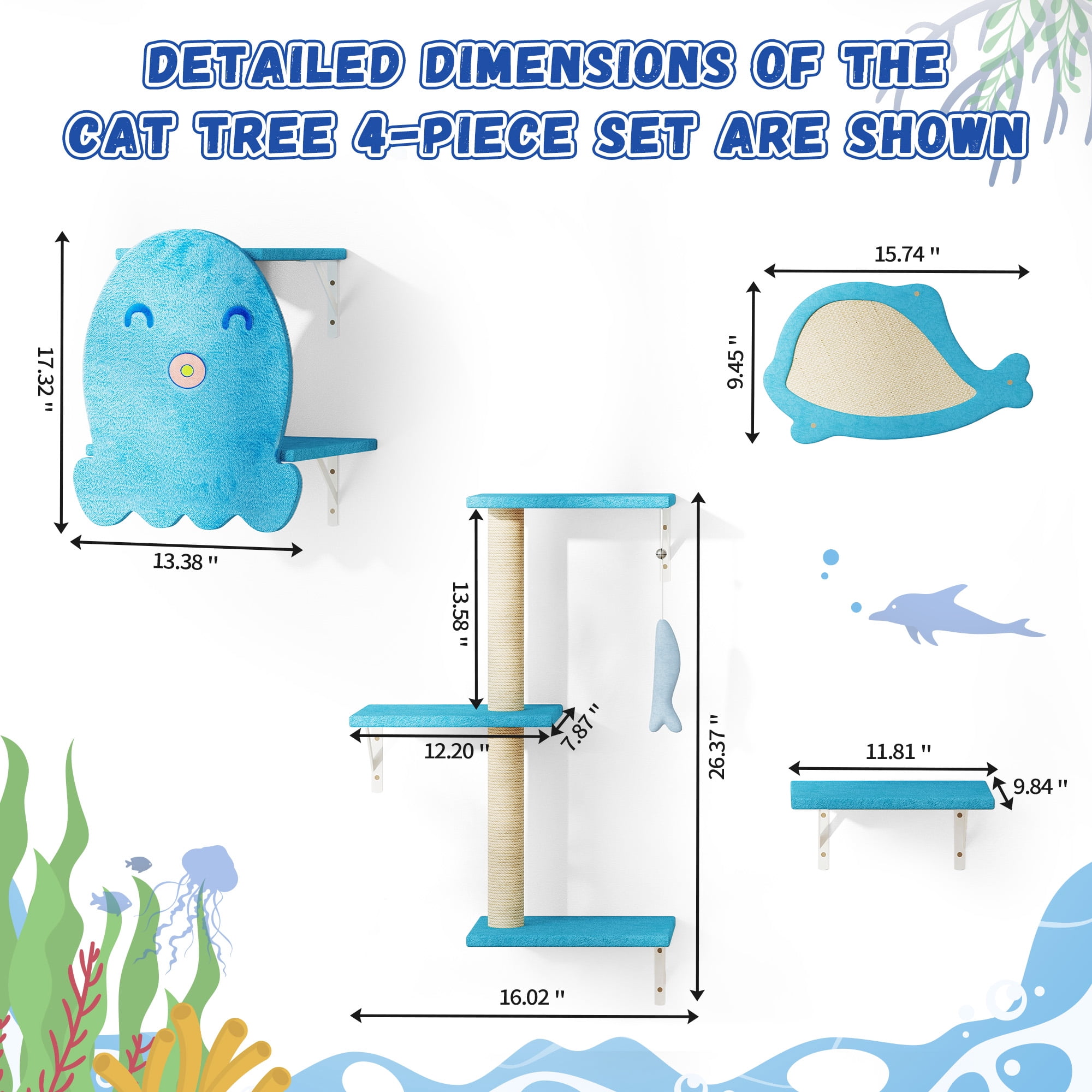 Cat Wall Furniture，Sturdy&Safe 4 in 1 Cat Wall Shelves,Fashion Unique Wooden Cat Climber with Cat House，Scratching Board & Cat Tree（Ocean Blue）