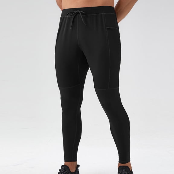 KIHOUT Men's Black Compression Tights NylonSpandex Blend, Elastic Drawstring Waist, Side Pockets, Tapered Ankle Leggings for Running, Fitness & Training
