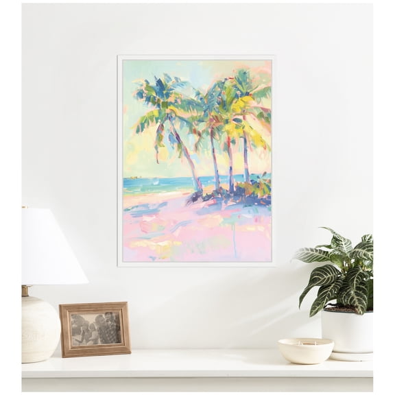 Kate and Laurel Framed Canvas Wall Art Print Beach Palm Tress Oil Painting by Honey Island Studio, 18 x 24 Sylvie White Frame, Coastal, Beach Art for Wall Decor