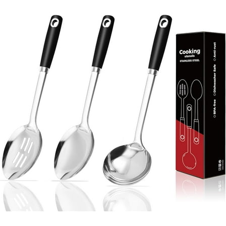 14-in Cooking Spoons Set, Heavy Duty 18/0 Stainless Steel Large Serving Spoons Set, Slotted Spoon, Cooking Spoon & Soup Ladle, Commercial and Residential Use, Pack of 3