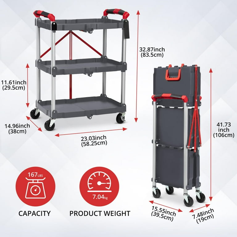 2024 New Foldable Utility Service Cart, 3 Shelf Heavy Duty 2024 New Foldable Utility Service Cart, 3 Shelf Heavy Duty