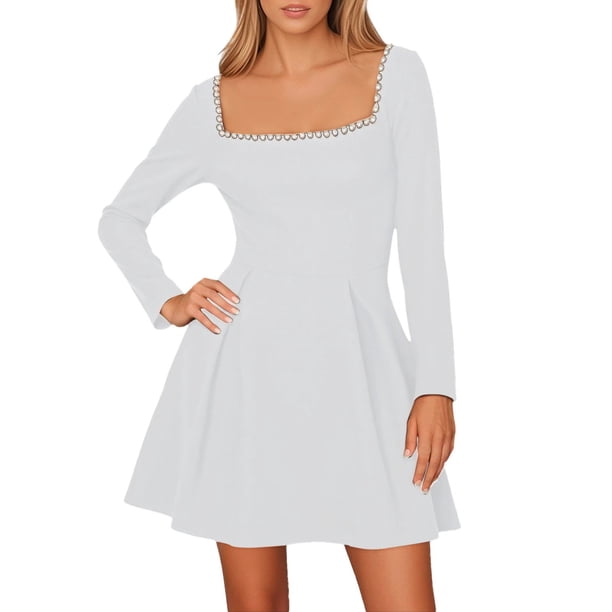 Mini vestido de manga larga para mujer - Vestido corto con cuello cuadrado perlado y volantes en el dobladillo, vestido elegante para novias y fiestas, mezcla de poliéster