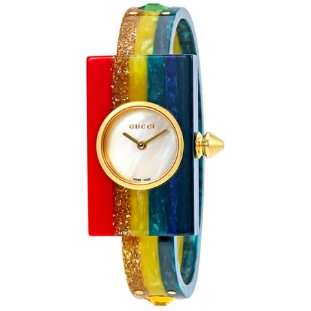 Gucci Women's Plexiglass Champage Skeleton Bangle 24mm Watch YA143520
