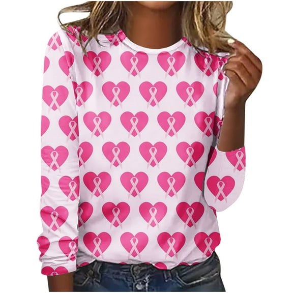 IROINNID Pink Breast Cancer Top for Women Breast Cancer Awareness Casual Printed Round Neck Pullover Long Sleeved Top,Pink