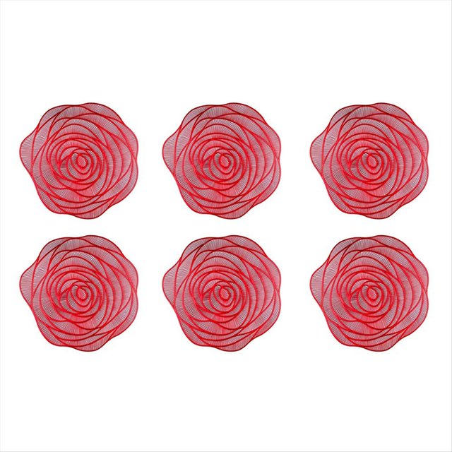 6 Manteles Individuales y Posavasos Rojos de Vinilo Prensado,Manteles Individuales Redondos Rosas 15 Pulgadas, Manteles Individuales para Mesa de Comedor, Centro de Mesa de Comedor