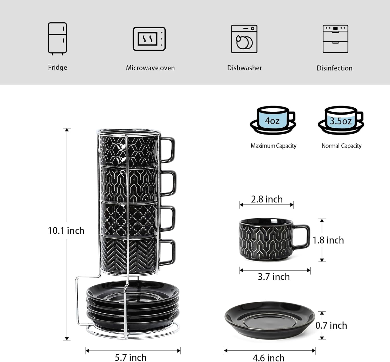 Sureasy 4 Ounce Ceramic Espresso Cups Set of - Stackable Demitasse with Saucers & Metal Stand, Coffee for Latte, Tea, Dishwasher Oven Safe, Black