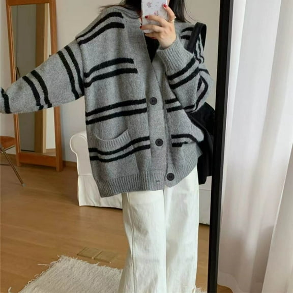 Qetyuw Oversized Cardigan Sweater for Women Striped Batwing Long Sleeve Jacket Button Down Deep V Neck Cardigans Coat