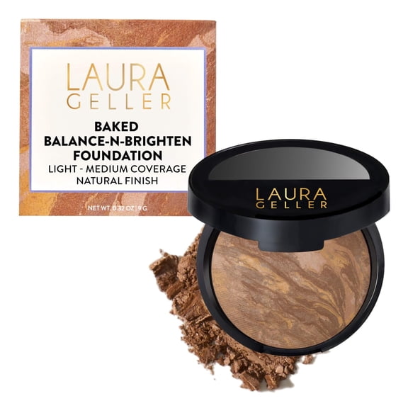 LAURA GELLER Baked Balance-n-Brighten Foundation, Award-winning weightless baked foundation; color-correcting to even tone. Made in Italy – Tan
