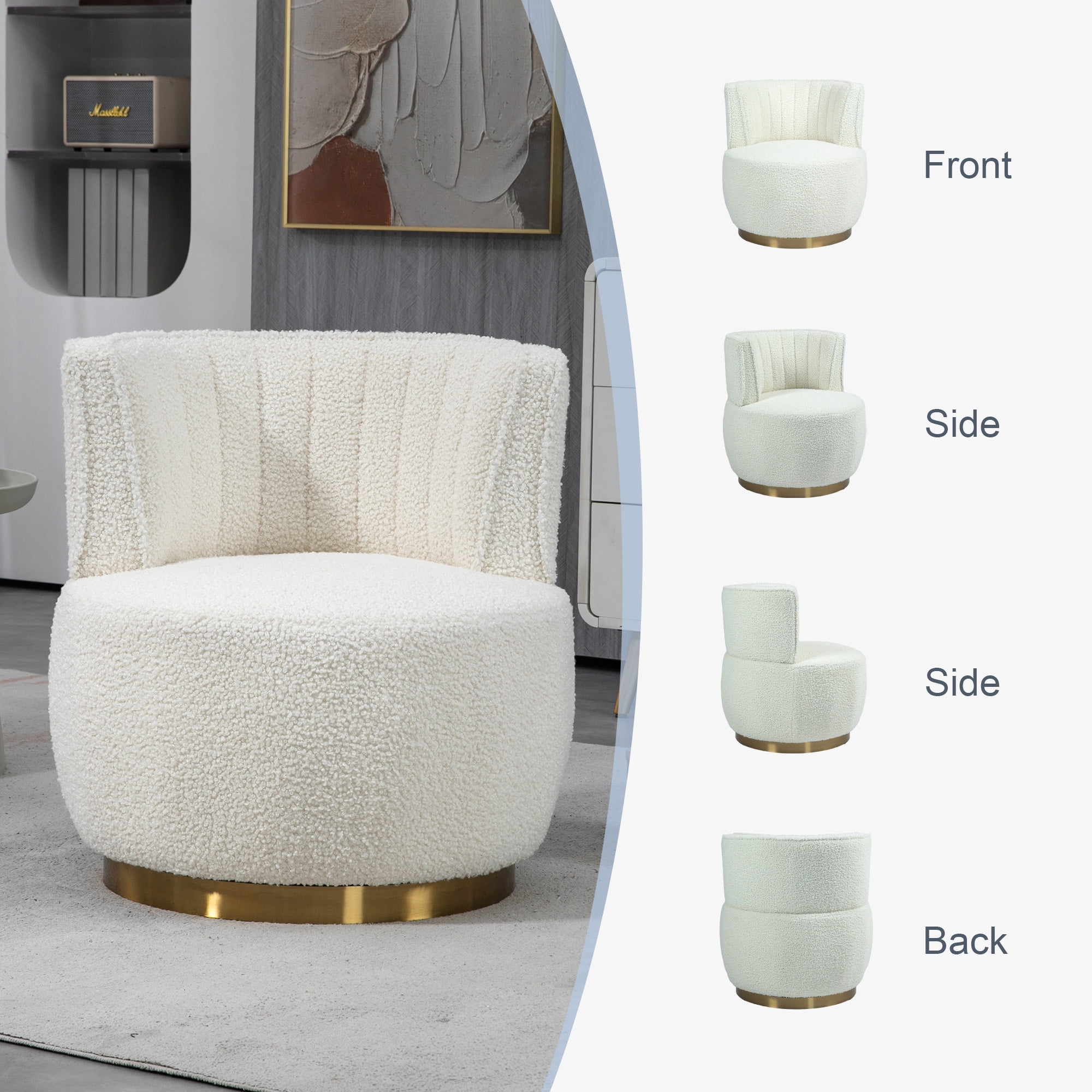 MOONMISS Teddy Fabric Upholstered 360 Degree Swivel Armless Round Barrel Chairs for Living Room-White
