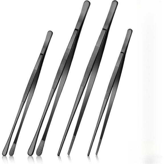 PLERISE Stainless Steel Kitchen Tweezers Set 4 Pack, 10 and 12 Inch, Non Slip Precision Plating Tongs for Cooking BBQ, Black