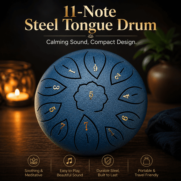 Steel Tongue Drum 11 Notes C Major, Hand Pan Drum with Carry Bag - Portable Musical Instrument for Relaxation, Meditation and Music Practice, 6in/15.5cm, Blue