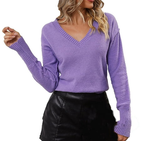 ZHAGHMIN Fall Fashion Women S Long Sleeve V Neck Solid Color Pullover Sweaters Soft Ribbed Knitted Short Sweater Casual Purple SizeS