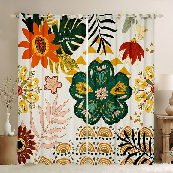 Homewish Vintage Bohemain Flower Black Out Curtains,Boho Theme Curtains Pack of 2 (42x63 Each),Green Beige Bedroom Curtains For Men Women,Microfiber Bedroom Decor