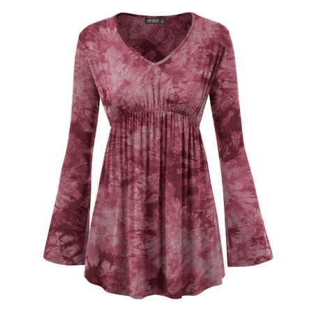Empire Waist Faux Wrap Top - MBJ WT1160 Womens Tie-Dye Long sleeve Empire Waist Line Tunic Top XXL WINE