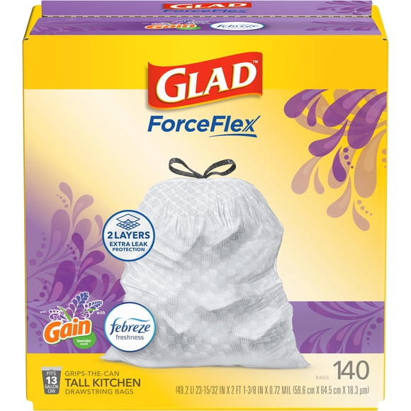 Glad ForceFlex Tall Kitchen Trash Bags, 13 Gallon, Gain Lavender, 140 Count (Package May Vary)