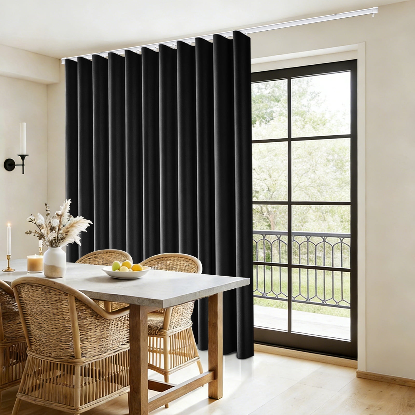 MaKefeile Blackout Curtain Divider with Ceiling Curtain Track for Room Partition,1 Panel Black Privacy Divider Curtain and White Flexible Track Set