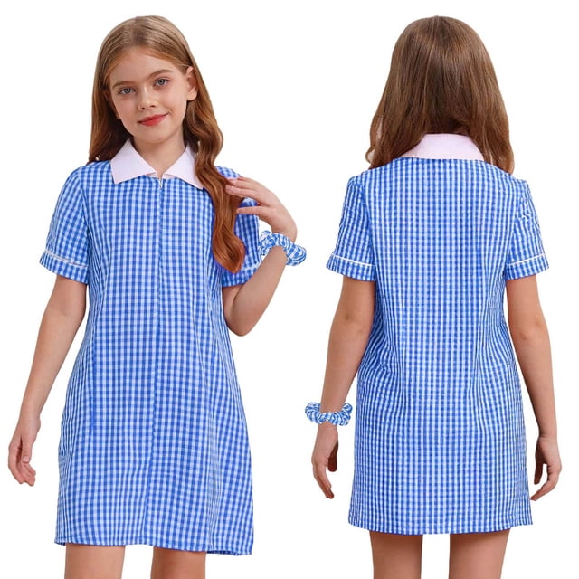 HULIJA Robe Chemise à Carreaux Plissée pour Petites Filles avec Bandeau Élastique Col Rabattu Robe à Volants Bleue 10