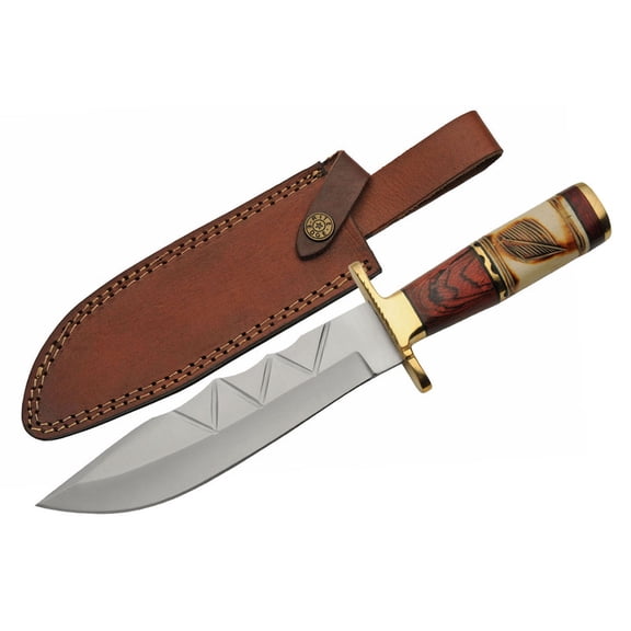 SZCO 12.25" Custom Handmade Hunting Knife, Stainless Steel Blade with Leaf Design Bone & Pakkawood Handle, Brass Fittings and Leather Sheath for Outdoor Survival