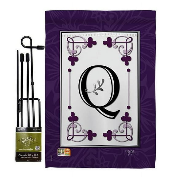 Breeze Decor BD-SB-GS-130017-IP-BO-D-US09-BD 13 x 18.5 in. Classic Q Initial Interests Simply Beauty Impressions Decorative Vertical Double Sided Garden Flag Set with Banner Pole