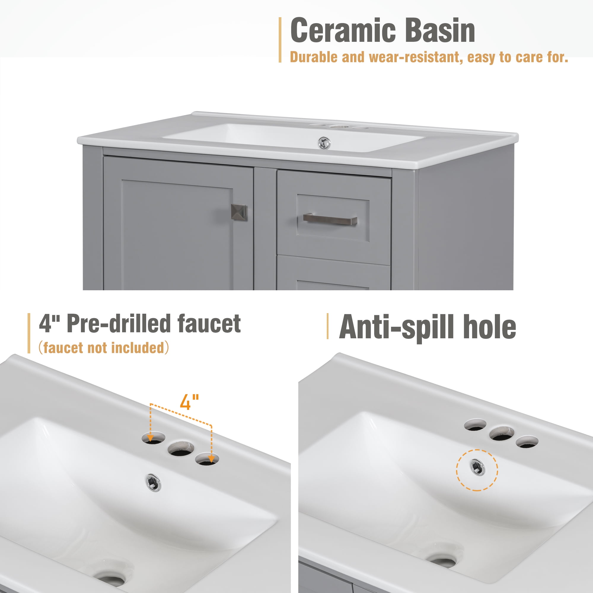 Harper & Bright Designs 30" Bathroom Vanity, Bathroom Cabinet with Sink Combo Set, Bathroom Storage Cabinet with Soft Closing Door and 3 Drawers, Grey