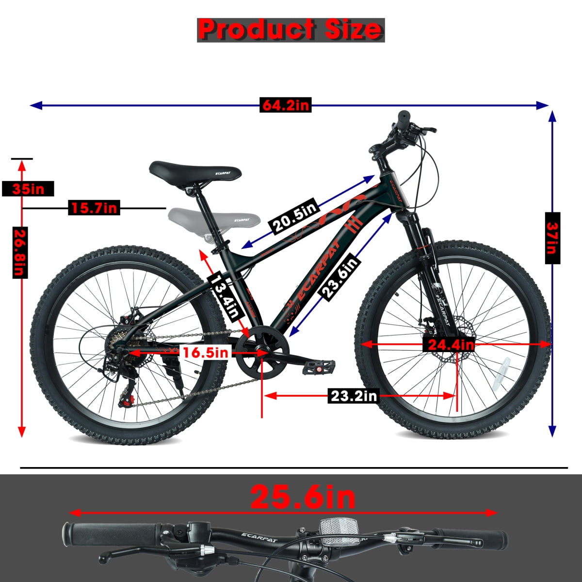 LuckyNote 24 Inch 21 Speed Mountain Bike, Adult Mountain Bicycle with Front Suspension Dual Disc Brakes Steel Frame Non-Slip Tires for Men Women Outdoor Cycling, Black and Red