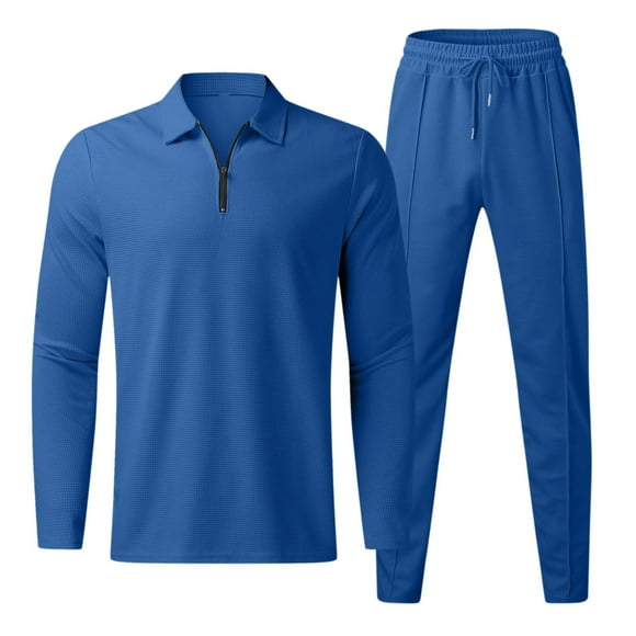 DPTALR Men Casual Solid Turndown Sports Suit Zip Long Sleeve Trousers Two-Piece Tracksuit