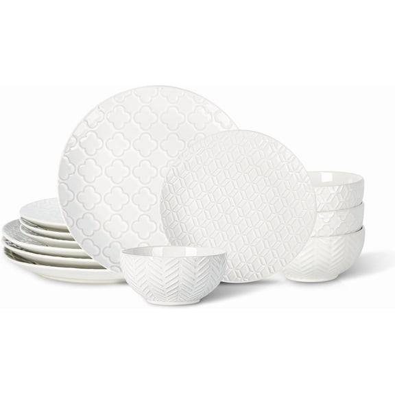 Sureasy 12-Piece Ceramic Dinnerware Set for 4 - Embossed Plates and Bowls Sets, Scratch Resistant Dish Set, Microwave, Oven & Dishwasher Safe, White