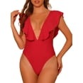 thumbnail image 1 of Traje de baño de una pieza para mujer, con escote en V, con volantes, monokini, control de abdomen, color rojo, talla M, 1 of 5
