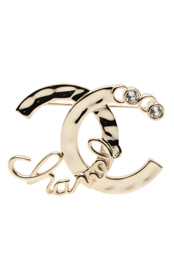 Pre-Owned Chanel Coco Mark Brooch, Champagne Gold with Plated Rhinestones, Women's, CHANEL