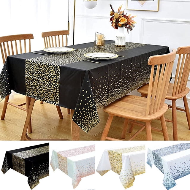 2 manteles de plástico para mesas rectangulares con lunares dorados, impermeables, desechables, blancos, para fiestas de cumpleaños y bodas.