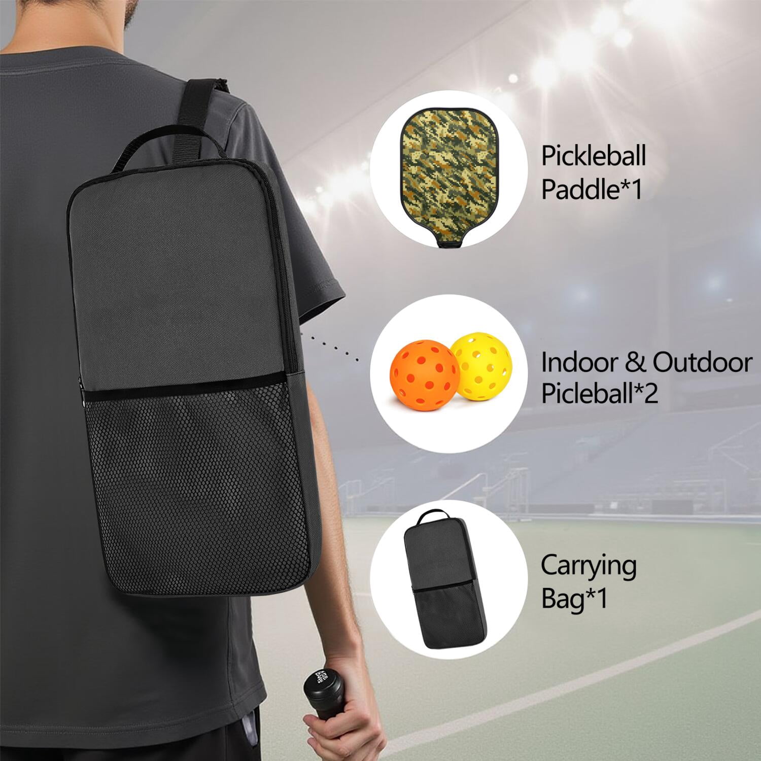 Pickleball Paddles Set Of 1, Fiberglass Surface, Camouflage Print, 1 Paddle, 2 Balls & Bag
