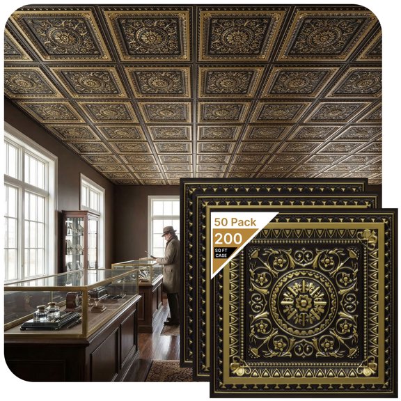 223 - La Scala 2 ft. x 2 ft. PVC Glue-up or Lay in Ceiling Tile in Antique Brass (400 Sq.ft / Pack) - 50 Pieces